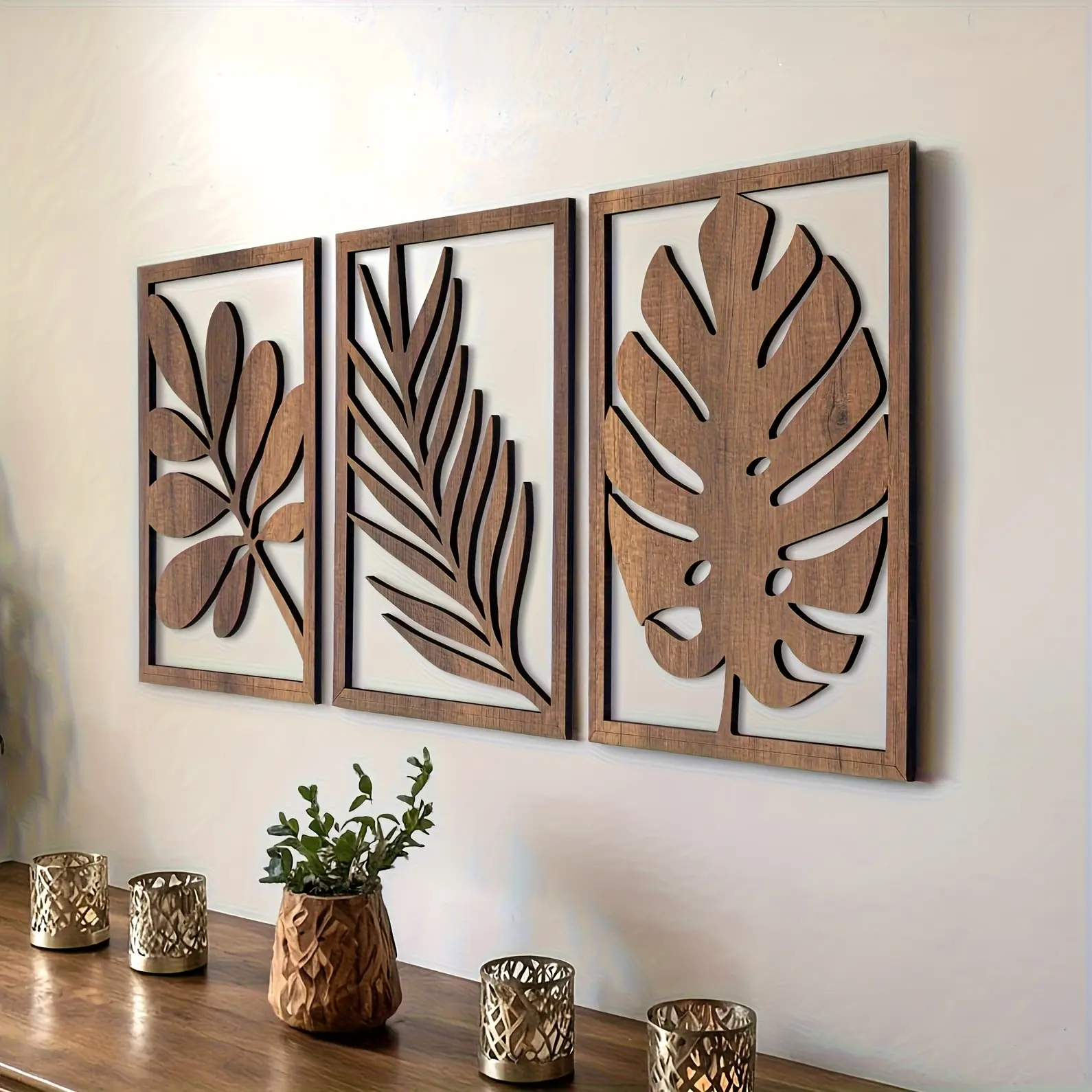 3pc Rustic Wall Sculpture Set, Large Home Wall Art Decor, Aesthetic Wall Decor, Bohemian Tropical Leaf Wooden Cutout Plaques, Living Room Bedroom Office, Artistic