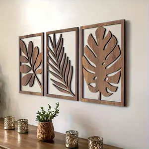 3pc Rustic Wall Sculpture Set, Large Wall Art Decor, Bohemian Tropical Leaf Wooden Cutout Plaques, Living Room Bedroom Office, Artistic
