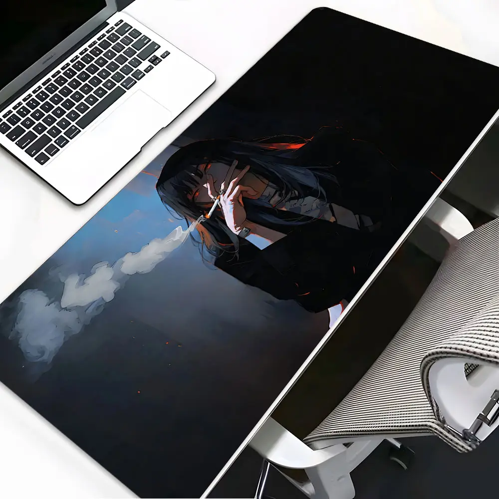 Anime Girl Smoking Art design Large Gaming Mouse Pad, Gaming Mat, Anime Mousepad, desktop decoration protection pad, rubber pad non-slip lock edge work pad, multi-size mouse pad suitable for laptop, desktop computer games, work, gift for boys, girls