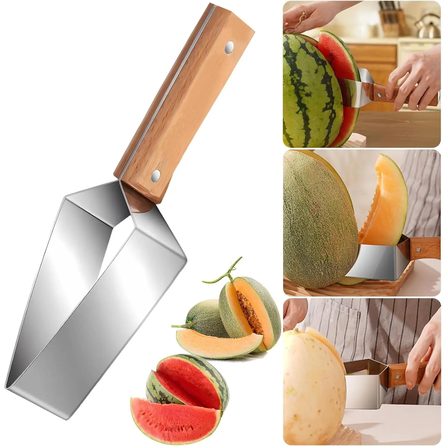 1/2PCS Stainless Steel Watermelon Cutter with Wooden Handle – Quick-Neat Slicer for Fruits & Veggies, Durable Easy-Grip Gadget, Rust-Proof Sharp Blade, Perfect for Watermelon & Large Fruits, Essential Summer Kitchen Tool, Dishwasher Safe