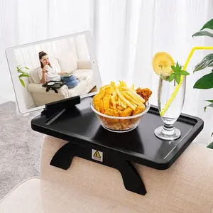 Armrest On Couch Arm Table, Foldable Sofa Arm Tray with 360 °   Rotating Phone Holder and Stable Sofa Table for Eating and Drink, Black