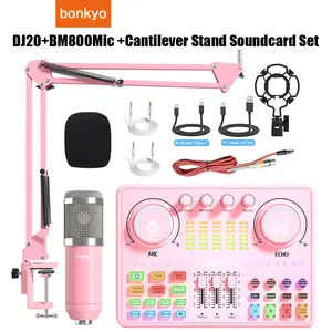 Bonkyo Live Streaming Bundle: DJ20 Sound Card +BM800-48V Mic & Cantilever Stand - Studio-Grade Effects for Professional Broadcasts (All-in-One Kit) Usb Audio Interface Usb Audio Mixer