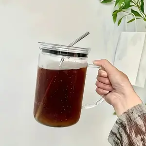 33.81 Oz Clear Glass Iced Coffee Cup, Mug, with Lid & Straw, Shatter-Resistant Food Grade BPA Free Reusable Drinking Tumbler, Thermal Shock Resistant Drinkware for Smoothie Bubble Tea, Summer Winter Home Office Kitchen Gift
