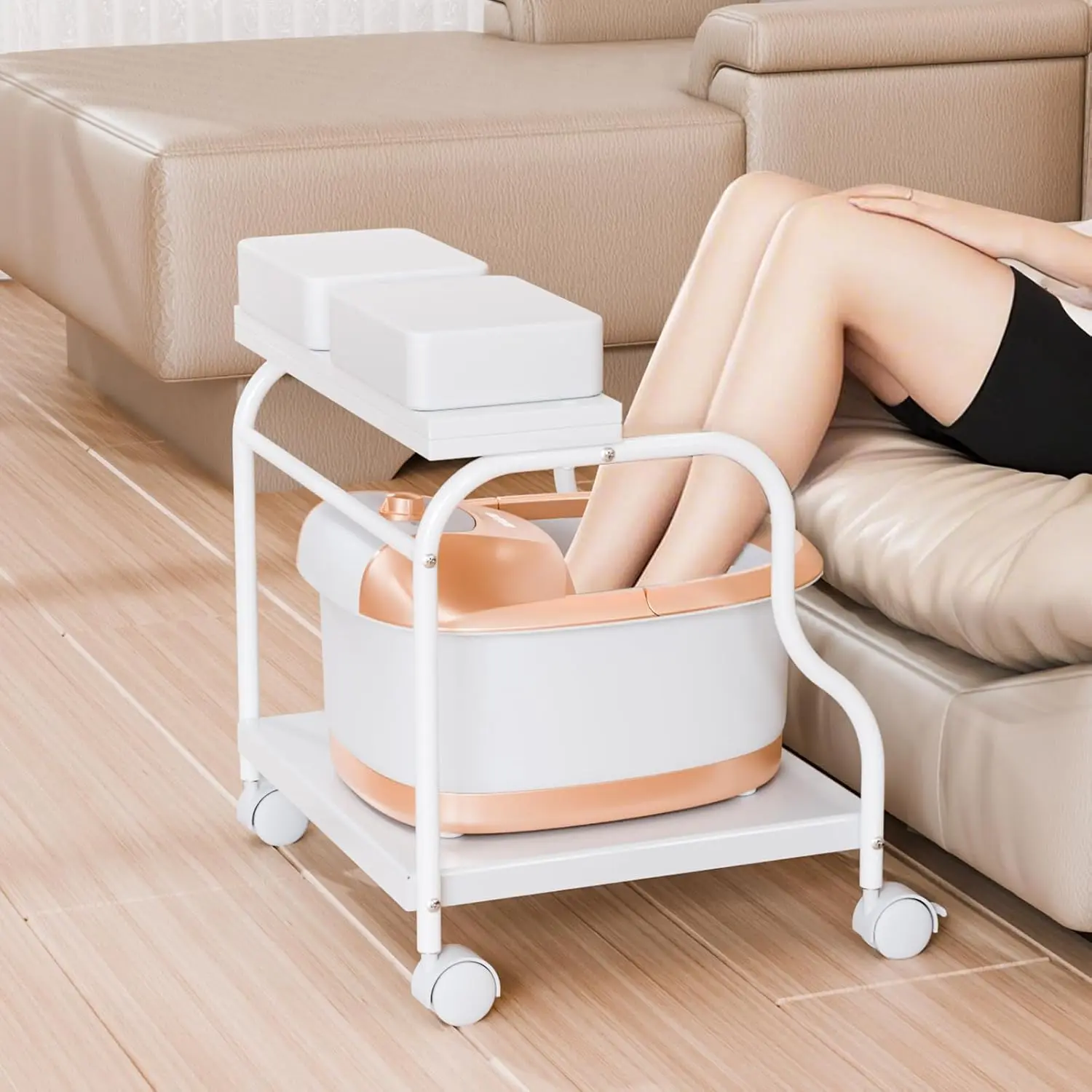 OmySalon Pedicure Cart Foot Bath Trolley, Portable Salon Nail Esthetician Rolling Cart, Adjustable Manicure & Foot Massage Stool w/PU Cushion, Locking Wheels, for Spa, Salon & Home