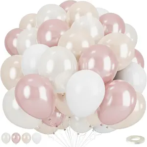 Double Stuffed Pearl White and Pink Balloons, 50pcs Double Stuffed Pearl Sand White Dusty Retro Pink Latex Balloons for Women Girls Boho Birthday Party Shower Bridal Shower Wedding Engagement