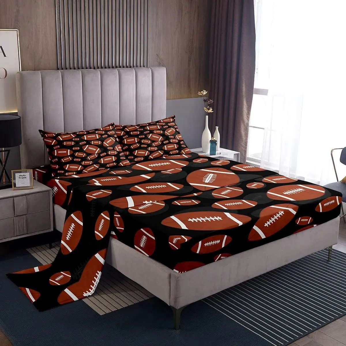 Feelyou Microfiber Bedding Set, Football Rugby Sports Theme Soft Breathable Linens for Boys, Includes Flat Sheet, Fitted Sheet and Pillowcase, Soft Breathable Sheet