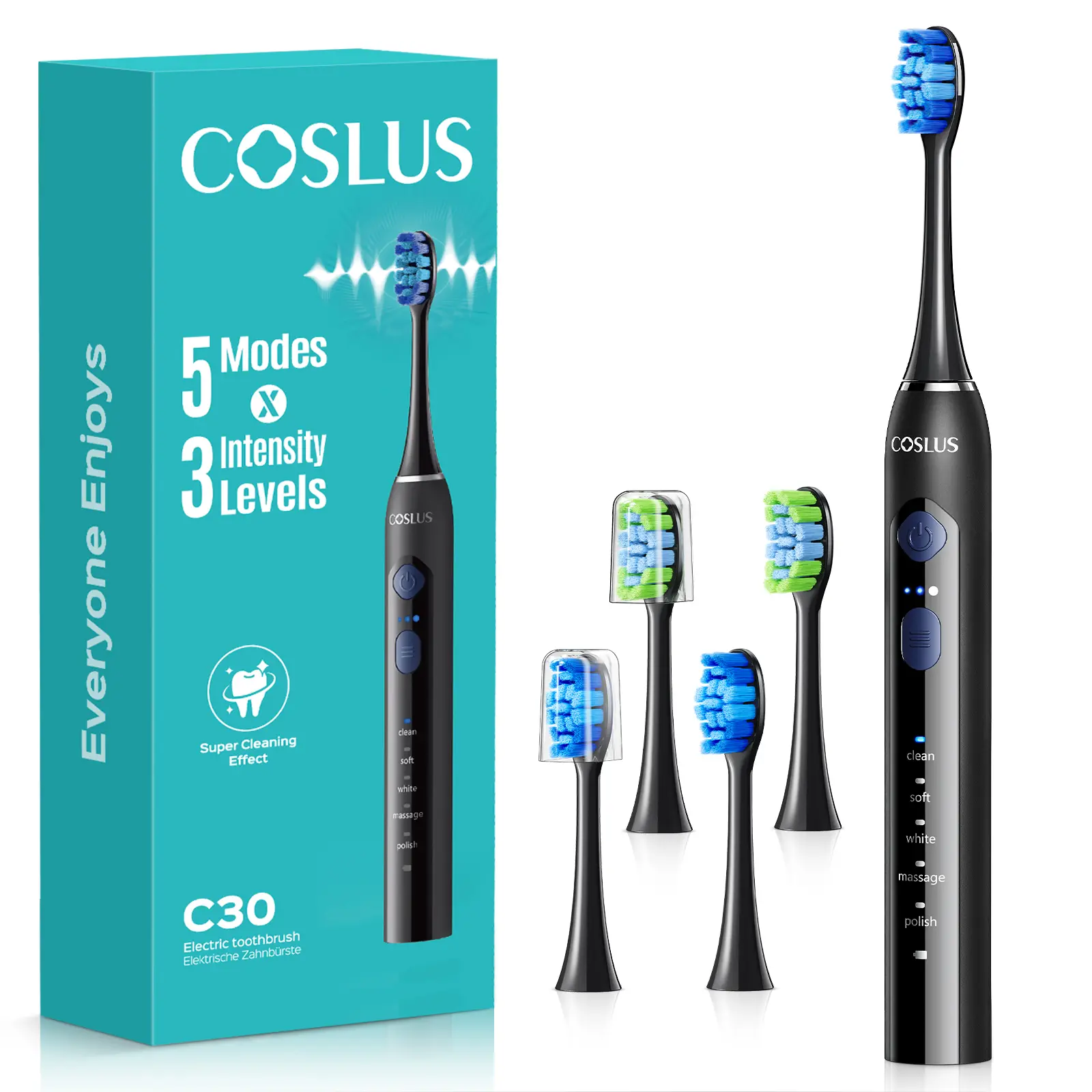 COSLUS C30 Sonic Electric Toothbrush for Adults, 41000 VPM Rechargeable Toothbrush with 5 Cleaning Modes, 3 Intensity Settings, 4 Brush Heads, Sensitive Teeth Friendly, Braces Care, Waterproof Electric Toothbrush for Daily Oral Care backtoschool