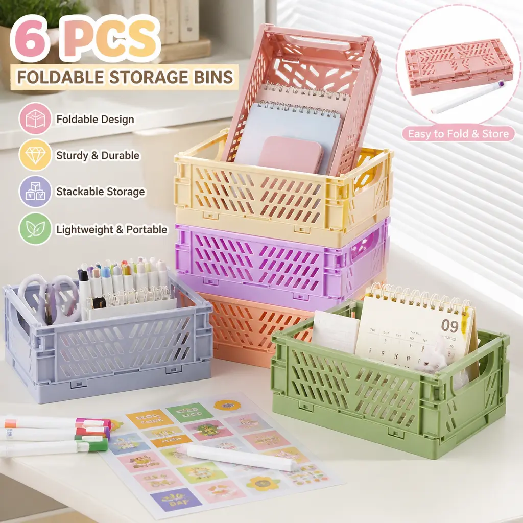 6-Pack Colorful ABS Plastic Collapsible Desk Organizer Baskets - 5.9x3.8x2.2 Inches, Stackable with Stickers & Markers, for Home Supplies, Bedroom & Kitchen Specialty Storage