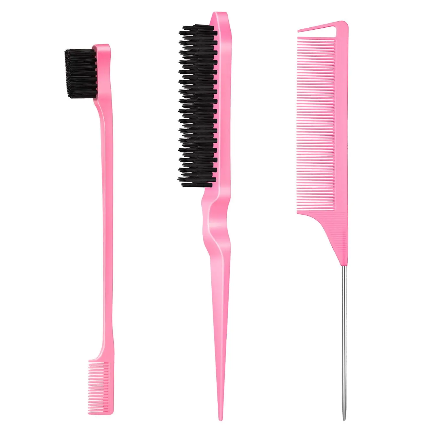 3PCS Hair Combs & Soft Bristle Brush Set - Rat Tail Comb, Edge Tool, Backcombing Aid for Hair Styling, Parting