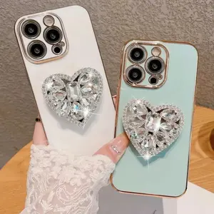 Straight-edged Exquisite Premium Heart-shaped Rhinestone Stand Phone Case for iPhone 17 16 15 14 Plus 13 12 11 Pro Max XS XS Max XR Candy-colored Shockproof Protective Case Shockproof Phone Cover Casing