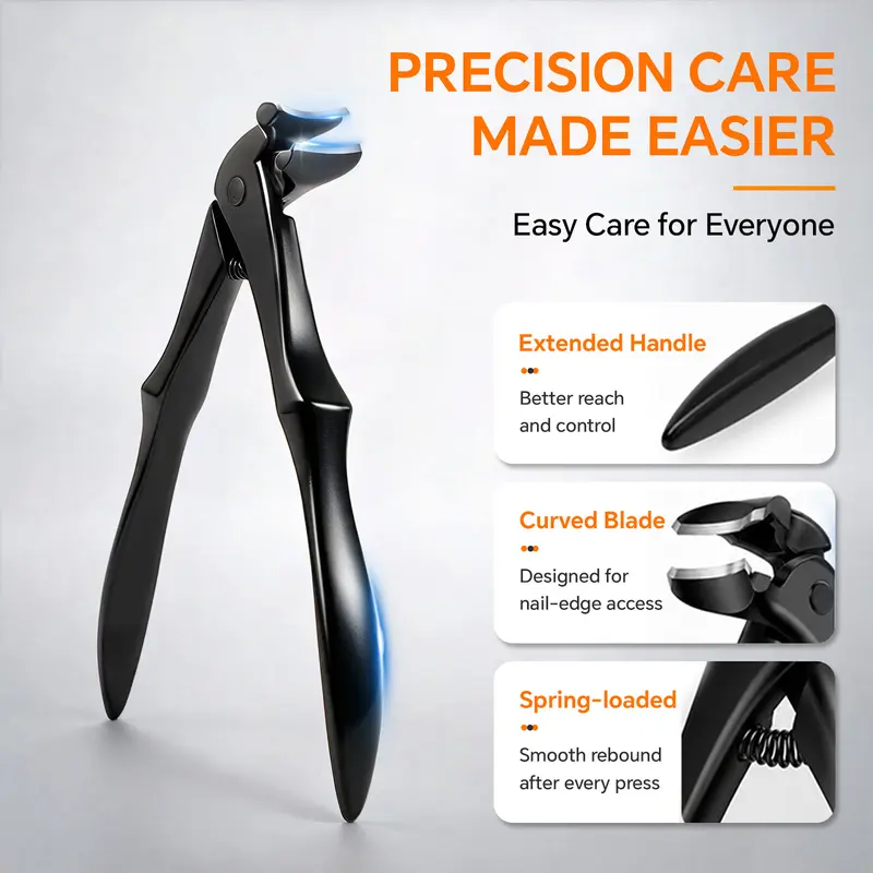 Zivoy Ergonomic Design Long Handle Angled Stainless Steel Toenail Clippers - Nail Care Pedicure Tool for Seniors, Anti-Splash, Metal File, Precision and Safety for Thick/Hard Nails, Modern Hand & Foot Care Tool