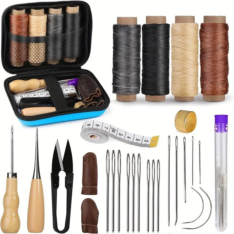 [1set Leather Working Kit] Leather Sewing Kit - Large-Eye Stitching Needles, Waxed Thread, Leather Upholstery Repair Kit, Leather Working Tools and Supplies, Sewing Supplies Crafts, Sewing Accessories, Crafting Sewing Tools, Sewing Products