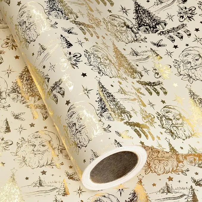 RUSPEPA Christmas Wrapping Paper Roll, Luxury Holiday Gift Wrap with Gold Foil Bow, Vintage Santa, Christmas Tree, Reindeer and Snowflake Designs, Reversible Christmas Wrapping Paper for Family, Women, Holiday Gifts, Xmas Party, 17 Inch x 16.4 Feet
