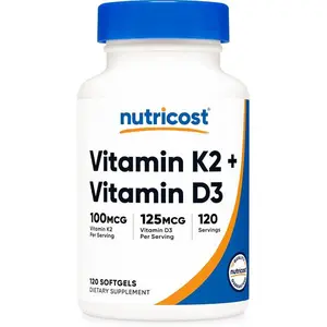 Nutricost Vitamin D3 + K2 (5000 IU D3 / 100mcg MK7), 120 Softgels – Gluten-Free & Non-GMO