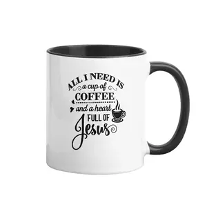 Inspirational Christian Mug, "A Cup of Coffee & a Heart Full of Jesus" Quote 11oz Ceramic Cup, Black Accent Handle, Faith-Based Gift for Women, Men & Church Friends