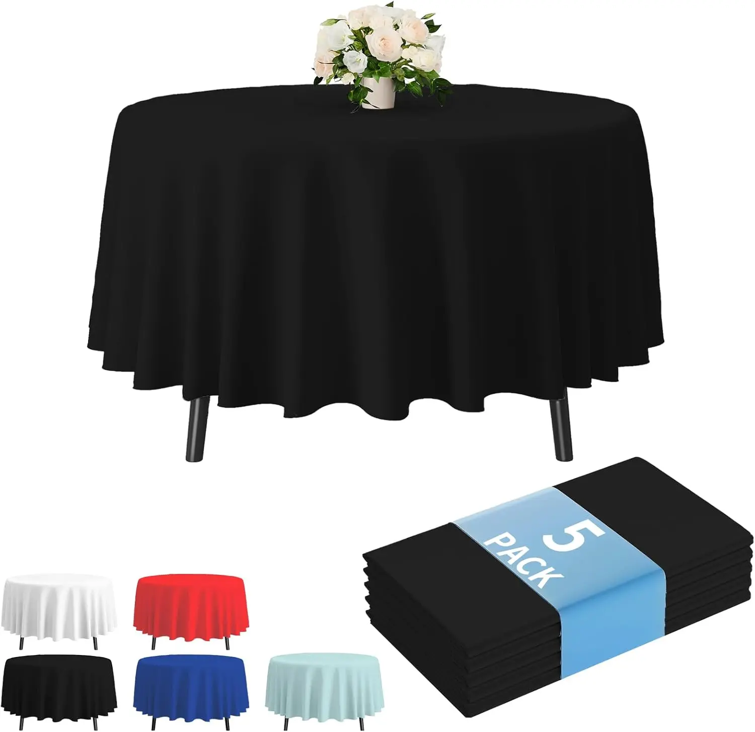 Black Plastic Table Cloth Disposable 84 Inch, Waterproof Round Tablecloth 5 Pack for Prom, Party, Graduation, Birthday
