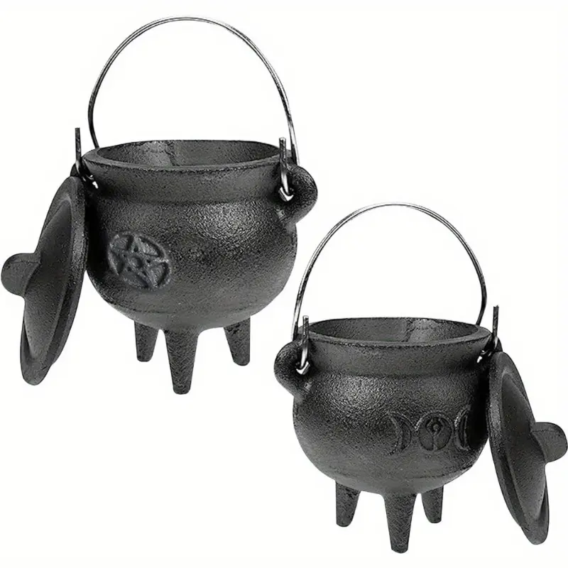 Metal Cast Iron Witchcraft Cauldron with Lid and Carry Handle - Home Decor Statue, Holiday Decoration for Magic Spells, Aromatherapy Diffuser, Incense Burning
