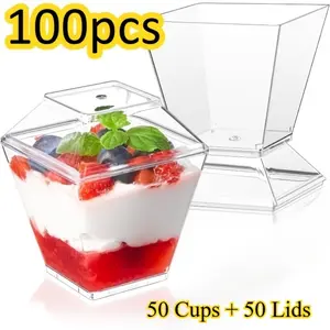 (50 Cups + 50 Lids) 2 oz Square Mini Dessert Containers with Lids – Clear Plastic Cups, Plastic Party Cups for Pudding, Fruit, Jelly & Freeze-Friendly Treats | Perfect for Parties & Catering, Disposable Tableware