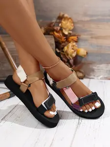 Women's Fashion Printed Flat Sandals, Hook and Loop Summer Thick Sole, Open Toe Beach Sandals, Soft Bottom Comfortable Breathable, Flat Dress Sandals