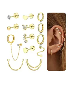 Women's Zirconia Earrings, High Quality Earrings, Stainless Steel Flat-Back Spiral Conch Tragus Piercing Jewelry, Heart CZ Rhinestone Dangle DIY Chain Design Piercing Earrings, Women's Birthday Gift Ear Studs