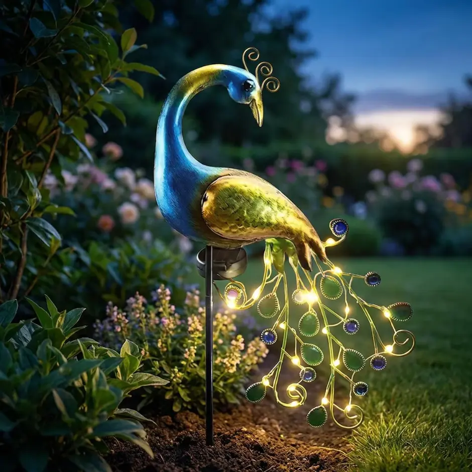 Metal Peacock Solar Garden Stake Light - Waterproof Solar-Powered LED Figurine Pathway Lamp, Decorative Outdoor Landscape Art for Yd Lawn Flower Bed, Elegant Metal Bird Stake with Fairy Lights