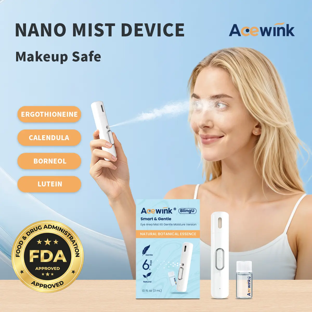 ACEWINK BlingU-2 Nano Eye Mist - Hydrating Sprayer with Botanical Essence, Portable Ultrasonic Device for Dry Eyes & Gaming, Hydrate, Moisture, Screen Fatigue, Games, Moisturizer, Relief, Cooling Mist, Facial, Face Care Products, On-The-Go, Mist Spray