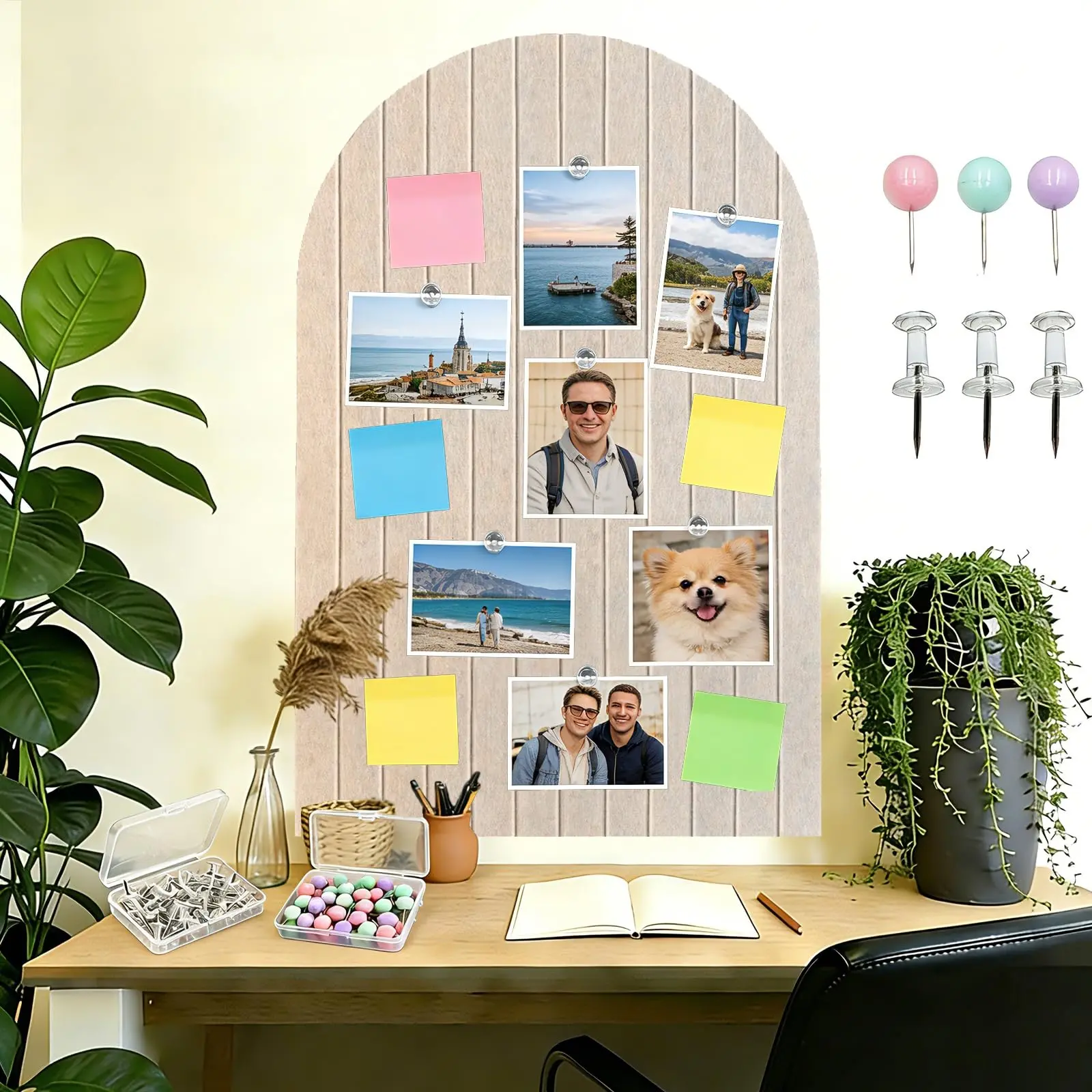 Cork Board Alternative for Walls, 36" x 24" Large Felt Bulletin Board Tiles with Arch Design, Office Cork Board with PushPins Adhesive Tabs, Cute Corkboard Pin Board for Pictures - Beige
