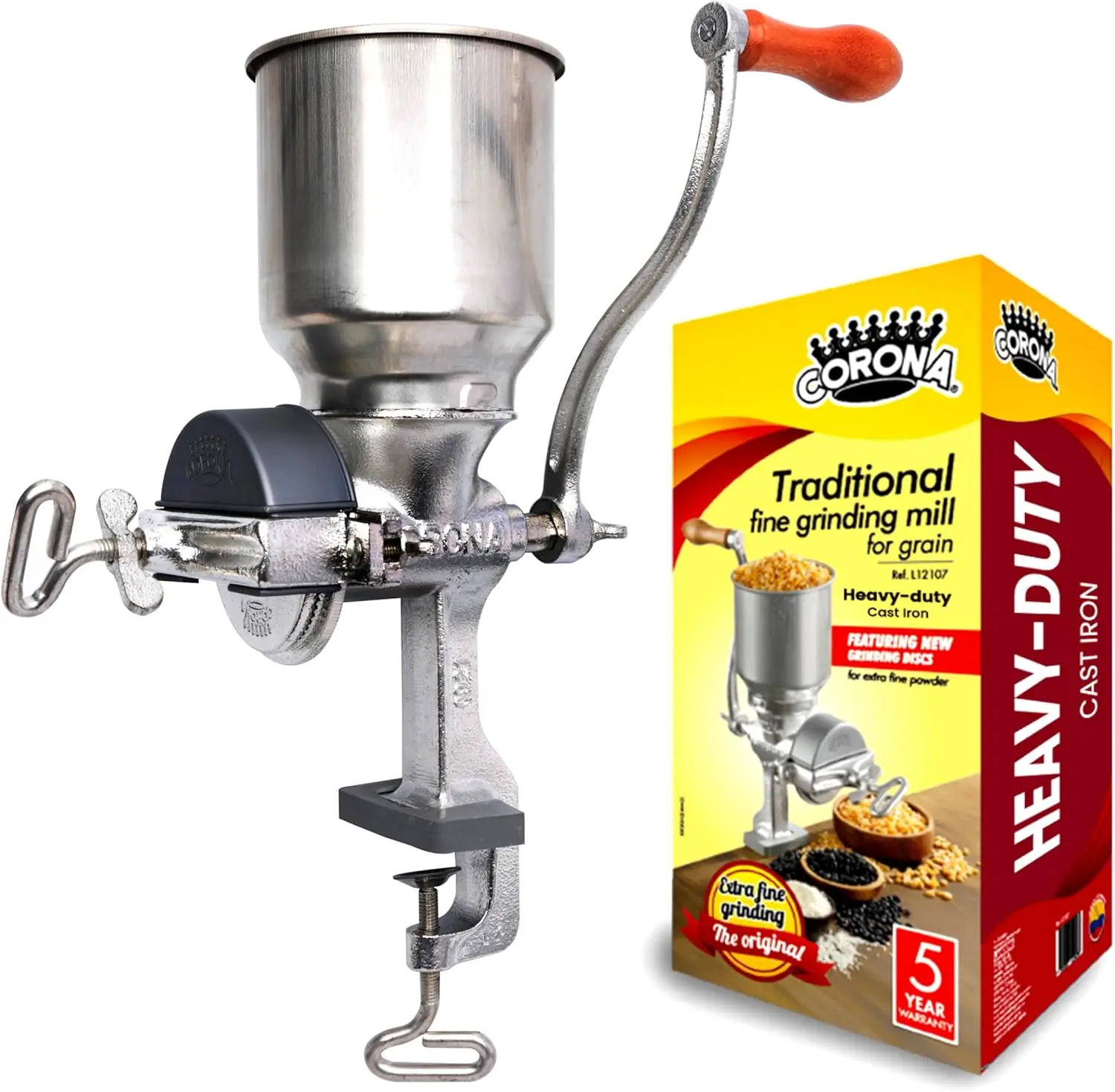 Corona Corn Grinder with High Hopper – Manual Cast Iron Grain Mill – Ideal for Grinding Corn for Arepas – Wheat, Rice & Soybean Grinder – Imported from Colombia