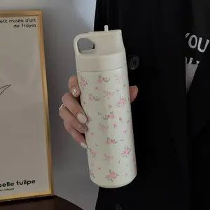 Floral Pattern Vacuum Flask, 1 Count 550ML/18.6oz Stainless Steel Insulated Water Bottle, Summer Cool Bottle Portable Water Bottle for Travel & Outdoor, Leakproof Insulated Tumbler, Drinkware, Vacuum Insulated Tumbler