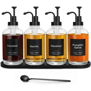 Coffee Syrup Dispenser for Coffee Bar, 16.9oz 500ml Glass Syrup Dispenser w Black Coffee Scoop, Coffee Syrup Pump Dispenser w 36 Labels and  Tray, Coffee Syrup Bottles with Black Pump, 4 count