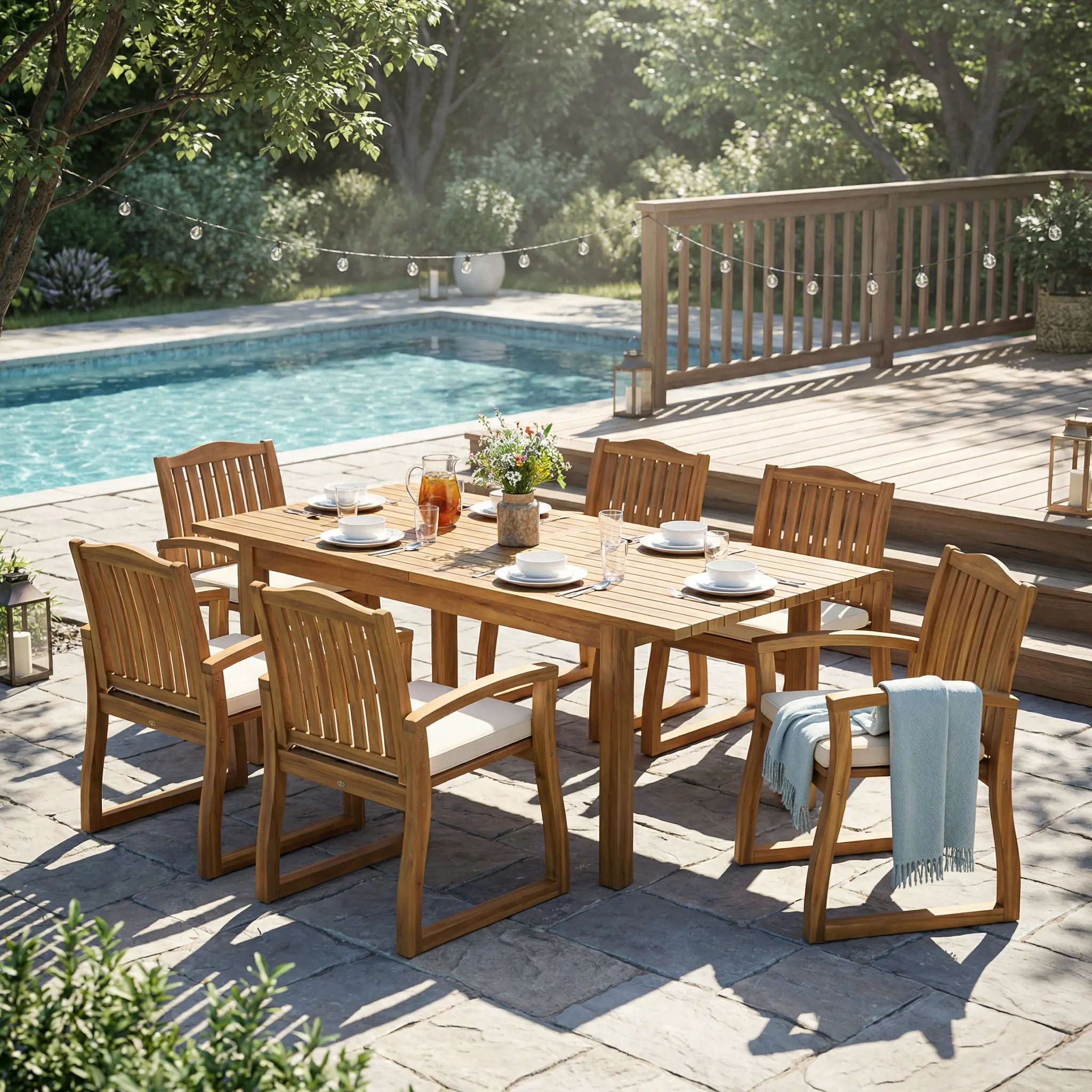Outdoor Dining Set, 7-Piece Acacia Wood with Teak Finish, Cream Cushions, Expandable Table, Seats 6, Multiple Cushion Material Options