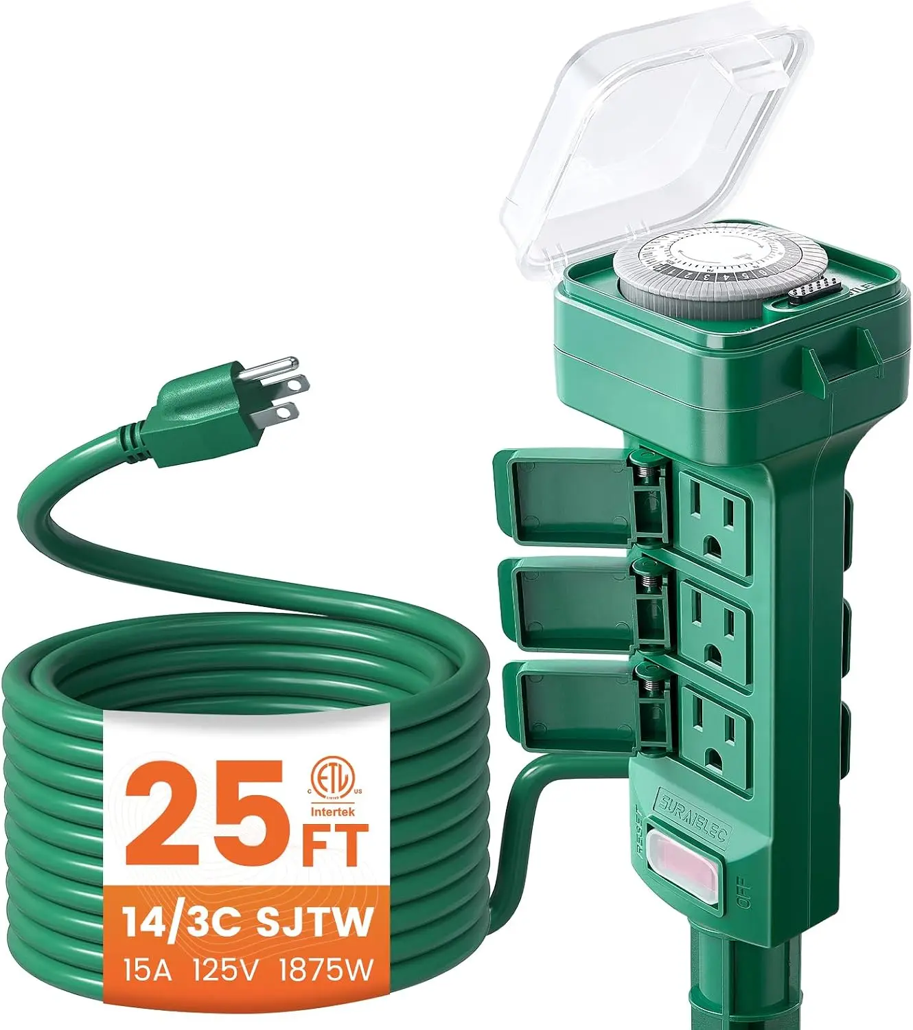 SURAIELEC  Outdoor Power Stake Timer 25FT, 24-Hour Mechanical Light Timer, Electrical Power Strip Waterproof, Extension Cord Multiple Outlets for Patio, Christmas Decoration, Garden, Pool, Outdoor Light