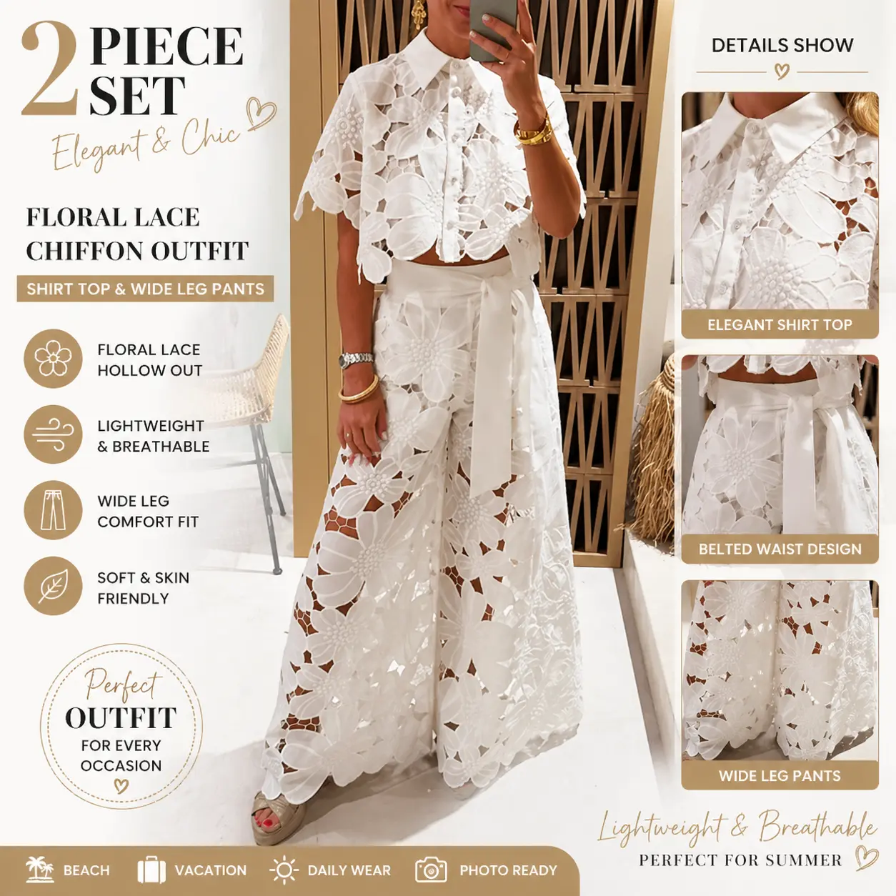 2 Piece Outfits For Women Lapel Hollow Out Lace Vest Pants Set Floral Sleeveless Cropped Vest And Wide Leg Pants