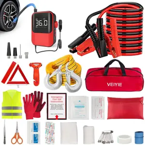 Roadside car kit,Car first - aid kit,With portable air compressor,Heavy - duty jumper cable,Tow strap,Essential car safety kit for road trips,Gift for new drivers