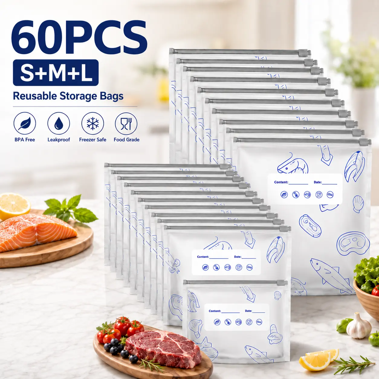 60PCS 3 Size Reusable Aluminum Foil Sealable Storage Bags 2026 New Resealable Vacuum Zipper Pouches for Food Stand Up Foil Sealable Bags with Label and Zip Lock for Vegetable Fruit Meat