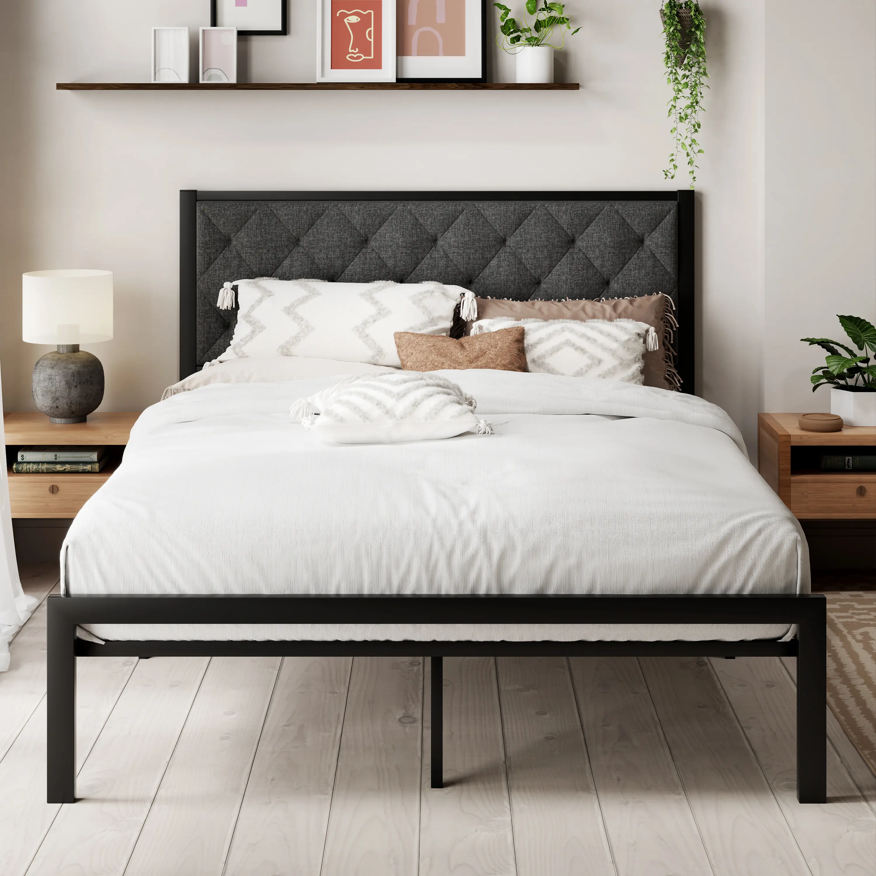 MUTICOR Twin/Full/Queen/King Size Bed Frame with Upholstered Headboard, 【Frame Only No Mattress】Platform Bed Frame with Metal Slats, Button Tufted Diamond Stitched Headboard, Noise Free, No Box Spring Needed#SummerVibes