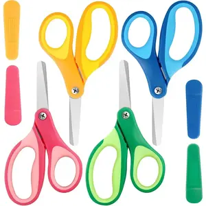 Kids Scissors, 5'' Small Child Scissor Blunt Tip with Cover, Safety Toddler Craft School Cutting Paper Scissors for Kid Age 4-7 8 9, Assorted Colors, 4 Pack