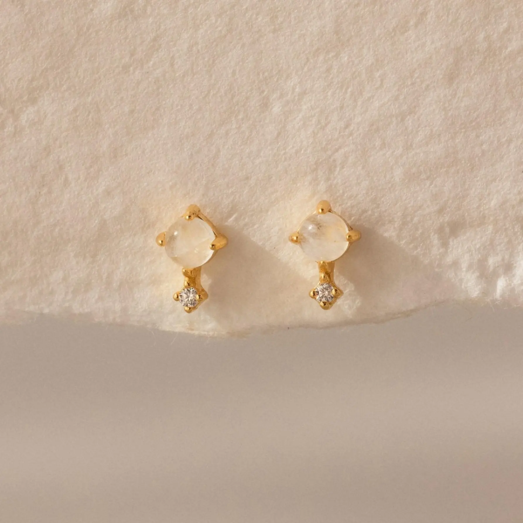 Moonstone Orbit Studs by Caitlyn Minimalist - Dainty Moonstone & Diamond Drop Stud Earrings - Cubic Zirconia Gemstone Jewelry - Bridesmaid Gift