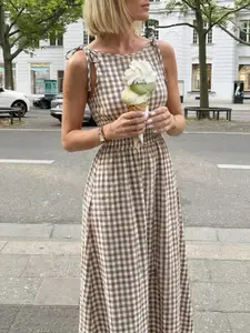 New Plaid Women's Long Dress, Bow Tie and Ruffled Waist, Casual Office Minimalist Style, Perfect for Vacation Daily Wear, French Style Dress