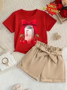 Girls' Summer Trendy Butterfly Knot Series Bow Cherry Pattern Print Comfortable Round Neck Short Sleeve T-Shirt, Casual Fit, Graphic Tee