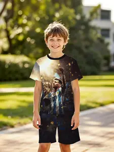 Boys' 3D Short Sleeve Set, Messi Holding World Cup Trophy, Outdoor Wear, Holiday Gift, Birthday Present, Casual Style, Slim-Fitting