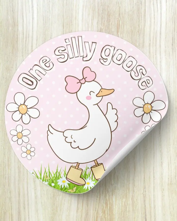 One Silly Goose Stickers - 24 Round Glossy Finish Stickers for 1st Birthday Decorations & Party Favors - Easy Peel-and-Stick Design