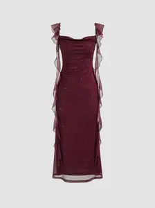 Cider Cowl Neck Solid Glitter Ruffle Hem Women's Maxi Dress