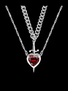Elegant Zircon Heart Dagger Pendant Necklace Set, Detachable Dual Layer Clavicle Chain, Perfect Gift for Women Birthdays & Anniversaries, Heart Shaped Necklace