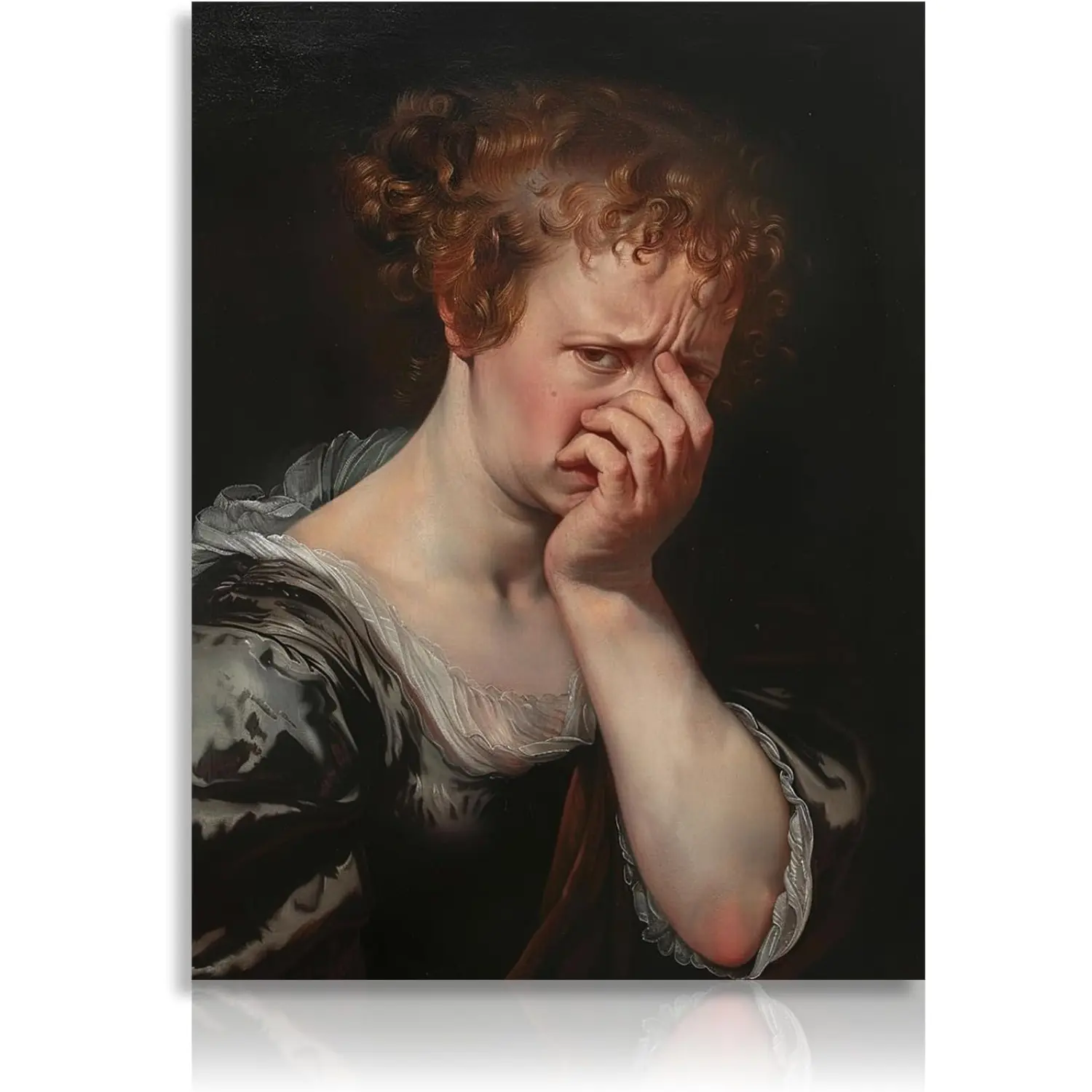 Retro Humorous Wood-Framed Canvas Wall Art - Artistic Plaid Frame, Classical Oil Print of Nose-Covering Woman, Bathroom Toilet Decor Gift with Wardrobe, Polka Dot, Houndstooth, Marble, Herringbone Accents