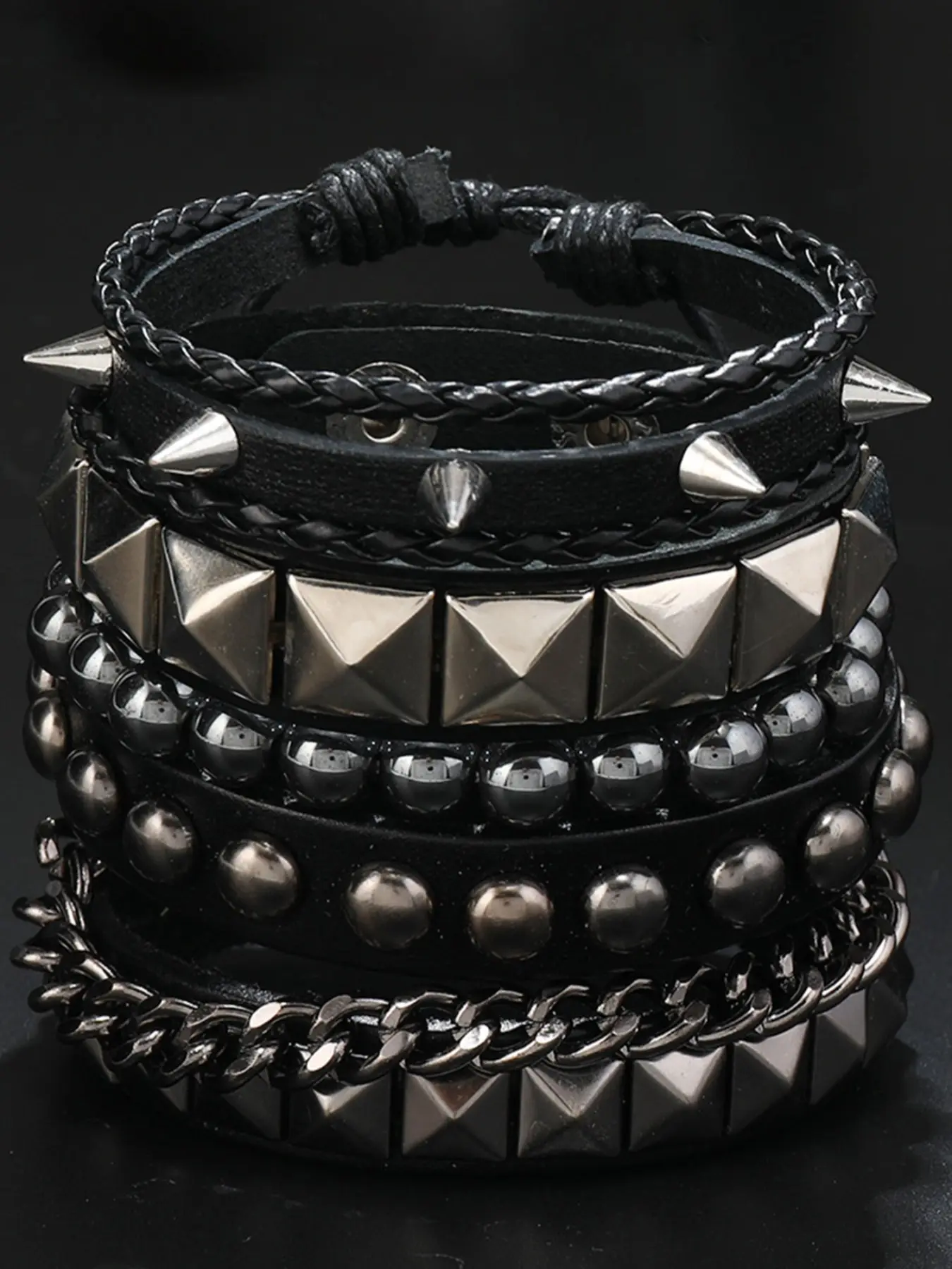 Punk Style Layered Leather Bracelet Set, Rivet Beaded Braided Details, Stackable Adjustable Bracelets for Party and Daily Wear, Trendy Versatile Jewelry Gift
