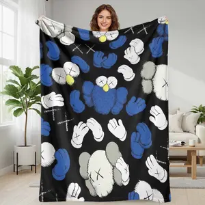 KAWS Cartoon Character Flannel Blanket  Abstract Gloves And Crossed Eyes Print  Soft Cozy Warm Lightweight Throw  Perfect For Sofa  Bedroom  Office  Travel  Gift Giving