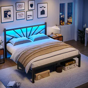 【880 lbs Capacity】Queen Size Metal Bed Frame with LED Lights, NO MATTRESS,Heavy Duty Sturdy Bed Frame with Storage Space,Noise Free,No Box Spring Needed, Strong Metal Slats Support,Noise-Free, Easy Assembly,Black