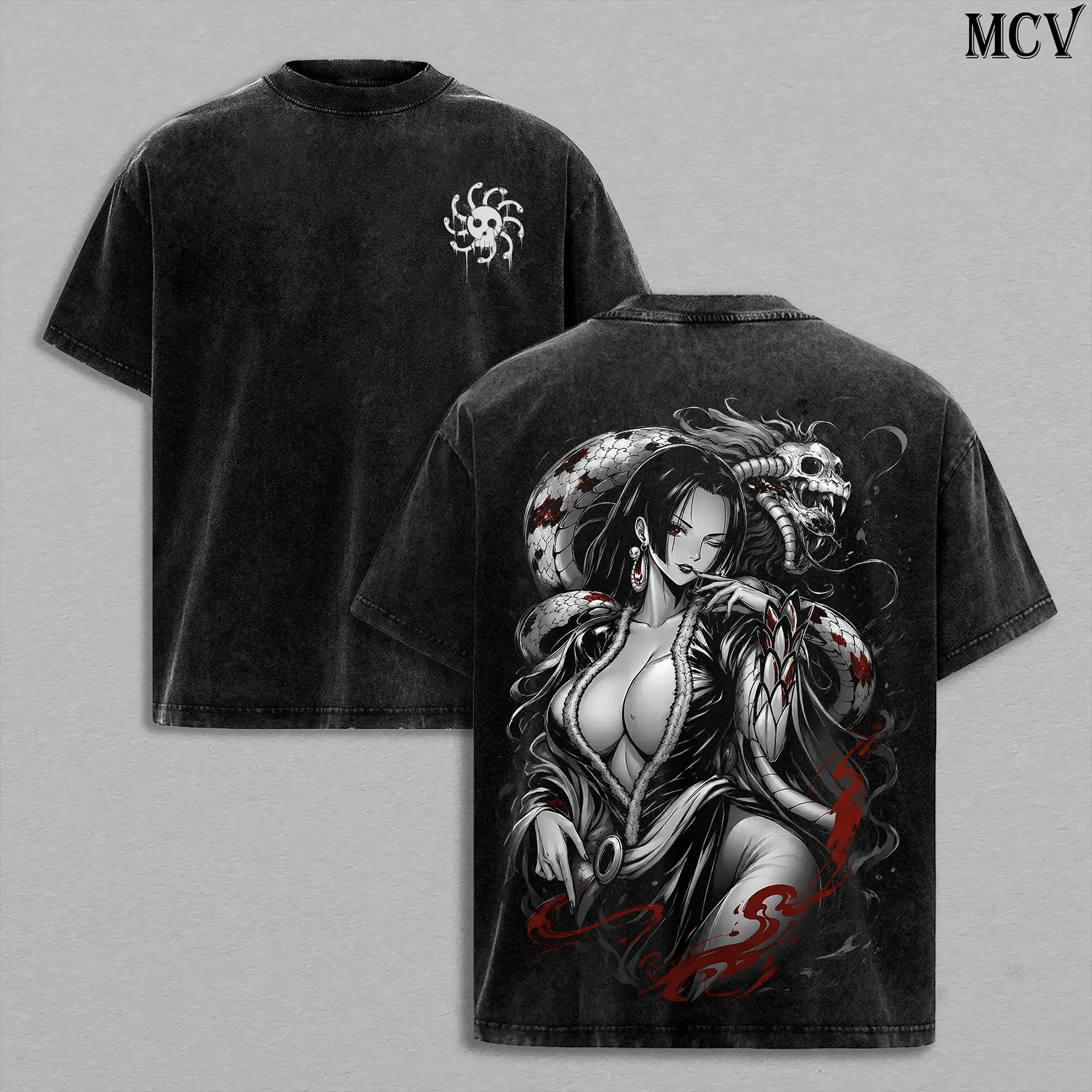 Boa Hancock T-Shirt – Vintage One Piece'es Washed Anime Manga Pirate Empress Graphic Double Printed Tee, Menswear Heavy Cotton Unisex Oversize Streetwear Edition,clothes for back to school,first day of school outfits