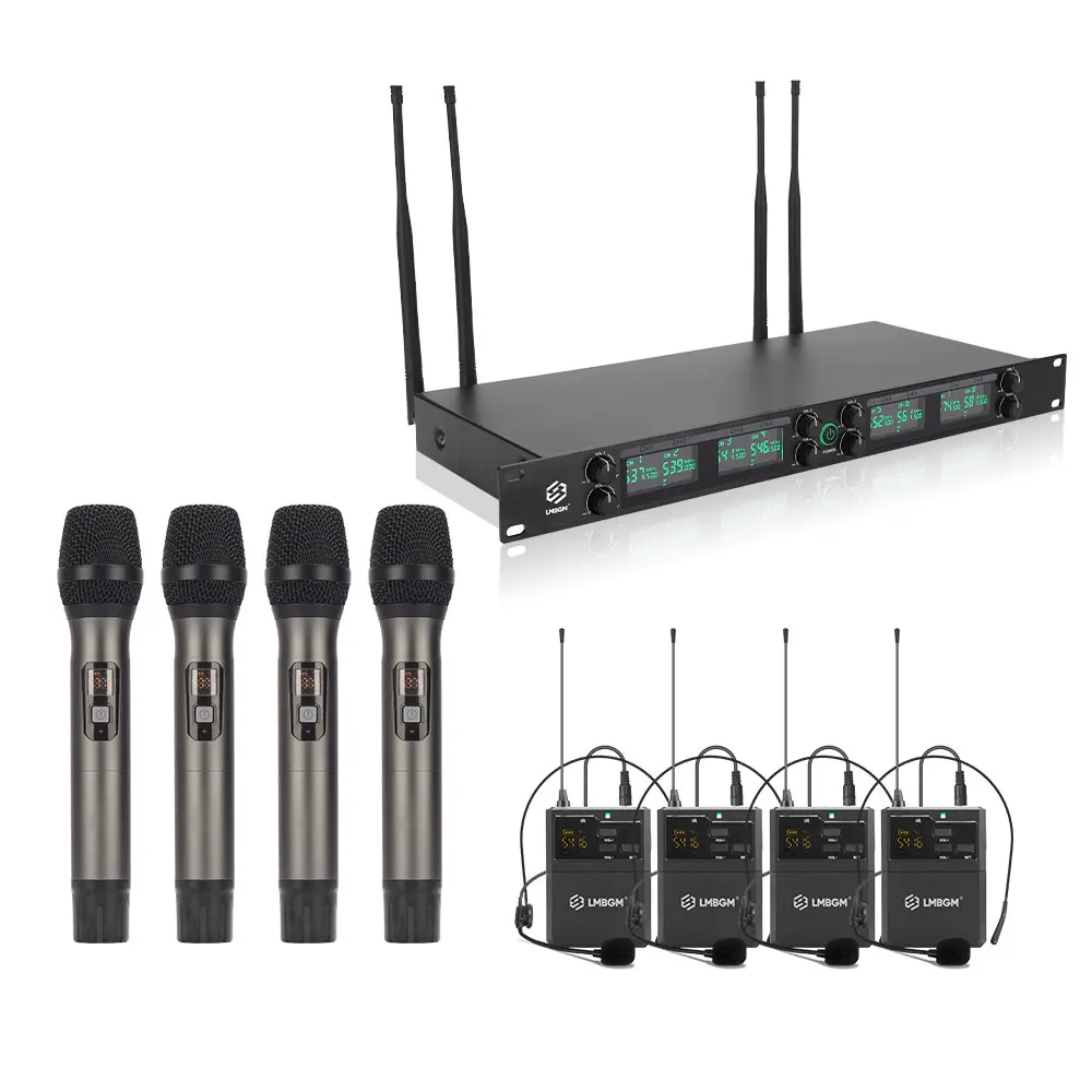 LMBGM K-27R UHF Wireless Microphone System, 4 Handheld Mics and 4 Bodypack Headset Mics, 164ft Range for Stage Conference Wedding Karaoke